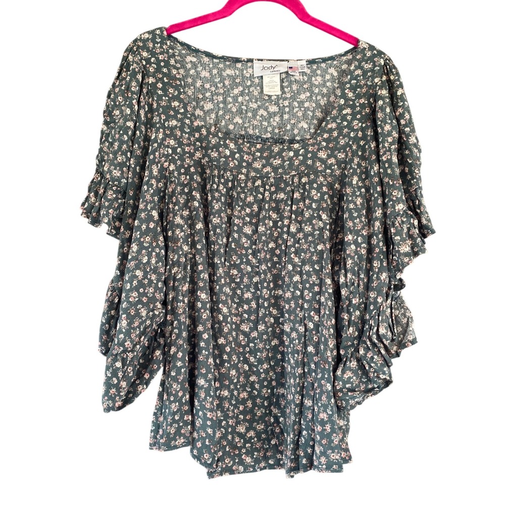 Jody California Vintage Floral Print Top Green Pink Ruffle Sleeve Blouse Large